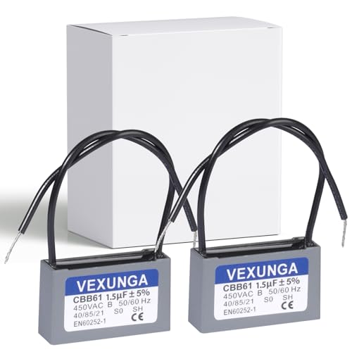 VEXUNGA CBB61 Condensadores 1,5uF 450V AC Capacitador Ventilador Arranque 1.5uF Cbb61 Funcionamiento 50/60Hz para Acondicionado motor Capacitor Ventilador Techo (2Paquete)