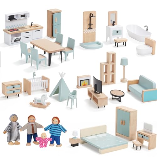 Wooden Dollhouse Furniture Set, 36pcs Furnitures with 4 Family Dolls, Dollhouse Accessories Pretend Play Furniture Toys for Boys Girls & Toddlers 3Y+