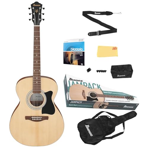 Ibanez IJVC50 JamPack Grand Concert Acoustic Guitar Pack - Open Pore Natural Bundle with Gig Bag, Tuner, Strings, Pouch, Strap, Picks and Austin Bazaar Polishing Cloth