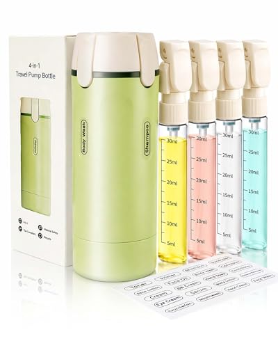 4 in 1 Travel Dispenser Bottle TSA Approved Leak Proof Refillable Toiletry Containers for Shampoo Conditioner Lotion & Skincare Easy Clean Travel Bottles for Gym Business