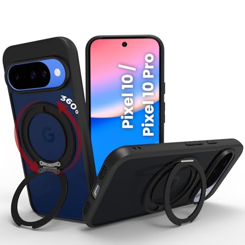 Image of RIGGEAR Shockproof Sleek Hybrid Armor 360 Rotating Magnetic Ring Stand Back Cover Case Compatible with MagSafe Accessories for Google Pixel 10 / Pixel 10 Pro (Smoke Black Matte PC + Black TPU Bumper)