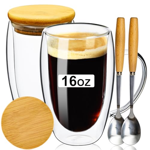 Comparison: Best Double Wall Coffee Mug With Lid 6 PARACITY Double Wall Glass Coffee Mugs 16OZ with Bamboo Lid/Spoon, Glass Coffee Cups Set of 2 with Handle, Insulated Clear Coffee Mug, Perfect for Latte, Cappuccino, Espresso, Hot Beverage, Tea