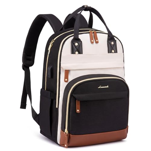 LOVEVOOK Rucksack Damen Laptop Rucksack 15.6 Zoll Schulrucksack Mädchen Teenager Wasserdicht Schultasche Jungen Anti-Diebstahl Rucksack mit Laptopfach für Schule Reise Arbeit Leicht, Schwarz Beige