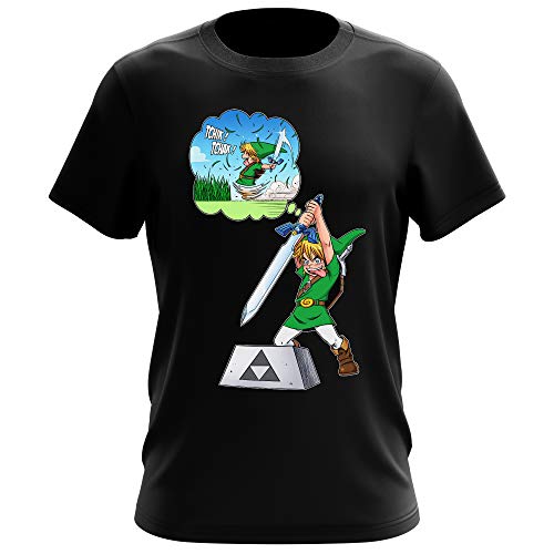 Okiwoki T-Shirt Noir Zelda parodique Link et Excalibur : Une épée Bien Mal exploitée. ^^ (Parodie Zelda)