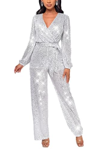 Women's Sparkly Sequin Jumpsuits Sexy V-Neck Long Sleeve Club Rompers High Waisted Wide Leg Pants with Belt