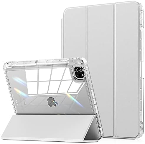 INFILAND Compatible with iPad Pro 11 inch Case (4th,3rd,2nd &1st Gen) 2022/2021/2020/2018, Crystal Clear Both Back & Frame [Anti-Yellowing] + Pencil Holder, Silver