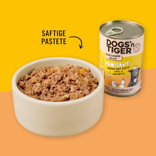 Dogs’n Tiger Adult Hundefutter, Proviant, Hundenassfutter mit Huhn, Ente, Apfel & Kartoffeln - ohne Getreide, Zuckerzusatz, künstliche Konservierungsstoffe, optimale Verträglichkeit, 6X 400g