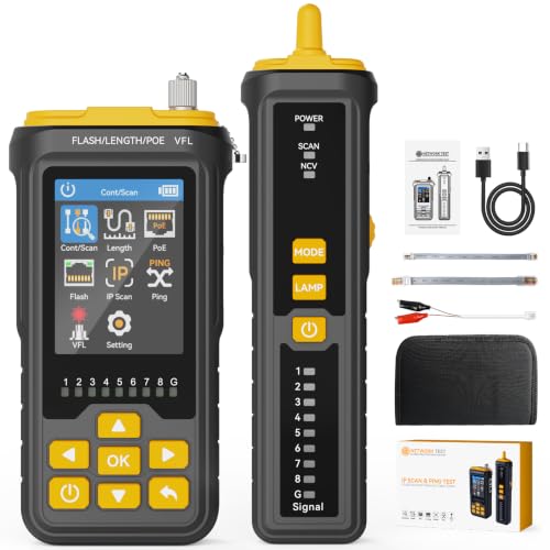 Network Cable Tester with IP Scan and Ping Test, RJ45 Ethernet Cable Toner for CAT5-CAT8 UTP/STP, Wire Tracer with PoE, VFL, NCV, Port Flash, Cable Length,Network Maintenance Kit for Technicians.