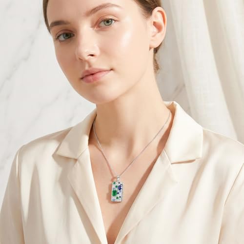 [Ningnvshi] Necklace for Women Multicolor Zirconia Rectangle Necklace 18K White Gold Plated Silver Tone Geometric Bar Adjustable Chain Hypoallergenic Anniversary Valentines Day Gift for Her Wife Girlfriend — view 2