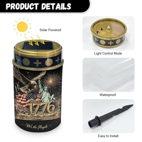 Image of Solar Powered Grave Lamp - Patriotic Since 1776 Eagle Design, Flameless Candle with Waterproof Stake, All-Year Outdoor Cemetery Decoration