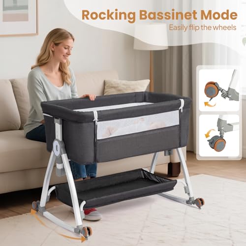 JOYMOR 3 in 1 Baby Bassinet, Bedside Bassinet for Baby, with Comfy Mattress and Wheels, 6 Height Adjustable Easy Folding Portable Bedside Crib for Newborn (Black)