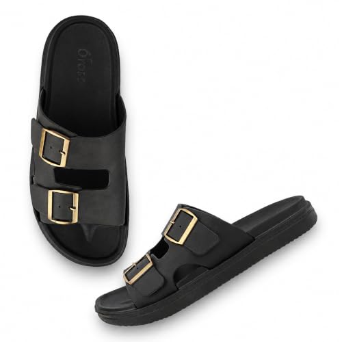 Image of Orose Men's and Boys' Double Buckle Slide Slippers | Soft Cushioned Lightweight Comfort Slides & Flat Slip-On Chappal for Daily Indoor & Outdoor Wear.