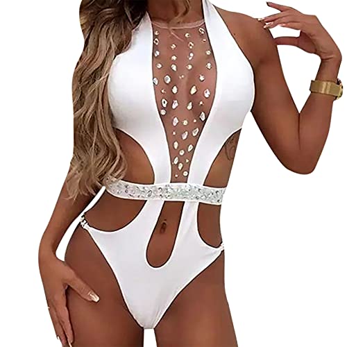 Women's Sexy See-Through Rhinestone One Piece Swimsuit Halter Mesh Hollow Out High Cut Tummy Control Bikini Bathing Suit White #TOP11
