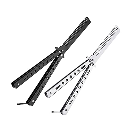 2 Pieces Butterfly-Shaped Stainless Steel Comb Can Be Folded And Flicked, Used For Beginners To Practice Modeling Tools Outdoor Sports(Black, Silver)