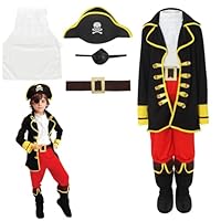 GEMVIE Kids Pirate Costume Boys Halloween Carnival Deulxe Pirate Captain Costumes Cosplay Outfit with Hat Eyepatch Belt