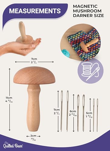 Image of The Quilted Bear Wooden Darning Mushroom & 6 Darner Needles, Repair Clothes
