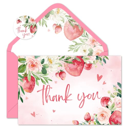 Cartes de remerciement motif floral fraises pour mots doux