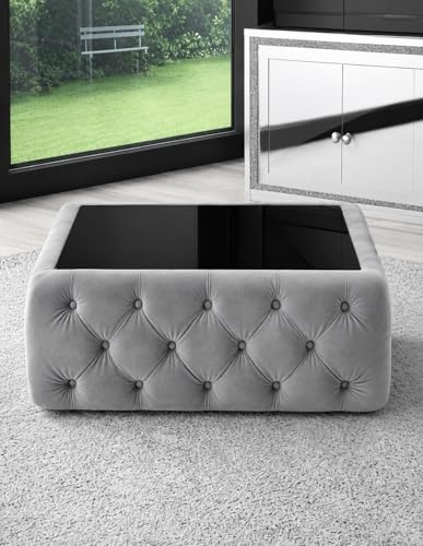 Image of Premium Tufted Upholstered Coffee Table with Mica Top - Modern Square Ottoman Center Table, Soft Velvet Finish, Luxury Living Room Furniture - 30 x 30 x 18 Inch (Grey)