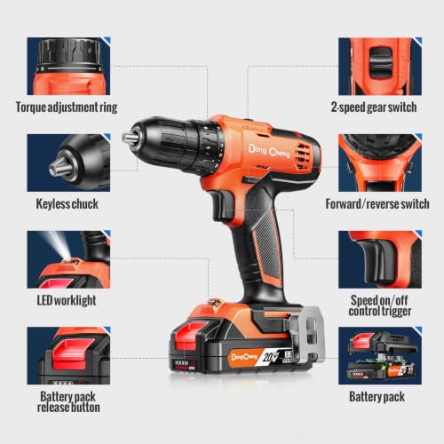 Image of DongCheng 20V Cordless Drilling Machine, 40Nm Torque, 350W Copper Motor, 18+1 Settings, 2-Speed 0-1500 RPM, 2Pcs 2.0Ah Battery and Charger, Clean Kit, Manual Tool, 16Pcs Drill Accessories for Home Use