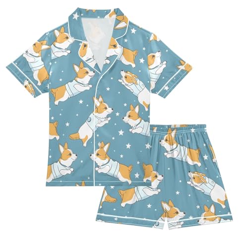 ALAZA Cartoon Dog Star Blue Pajamas Satin Pajama Set Short Sleeve Button Down Sleepwear