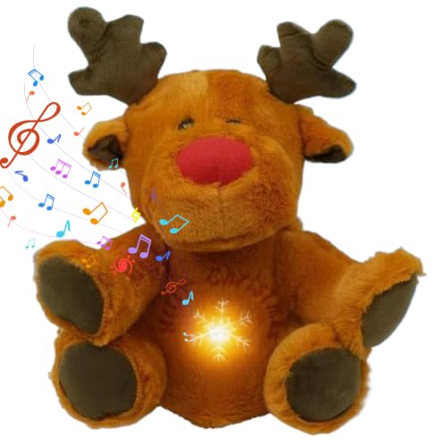 Syglawnd Felpa Respirable, Peluche De Reno Relleno Iluminado De 12 Pulgadas con Canción De Cuna 4 Engranajes, para Niños, Alivio De La Ansiedad, Sueño, Marrón