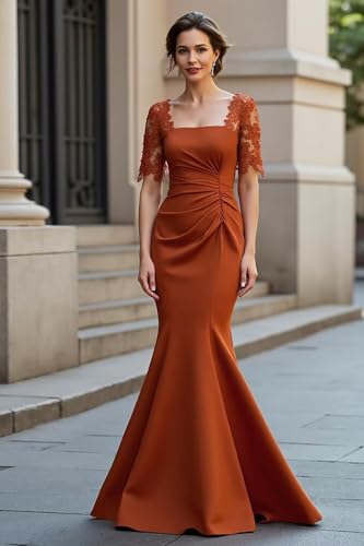 Satin Mermaid Mother of The Bride Dresses for Wedding Long Square Neck Lace Formal Evening Dresses with Sleeves3