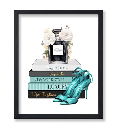 Image of Poster Master Fashion Print - Blue Designer Poster - Shoes & Perfume Art - Chic Gift for Her & Fashionista - Luxury Haute Couture Decor for Bedroom or Girl's Room - 18x24 Unframed Wall Art