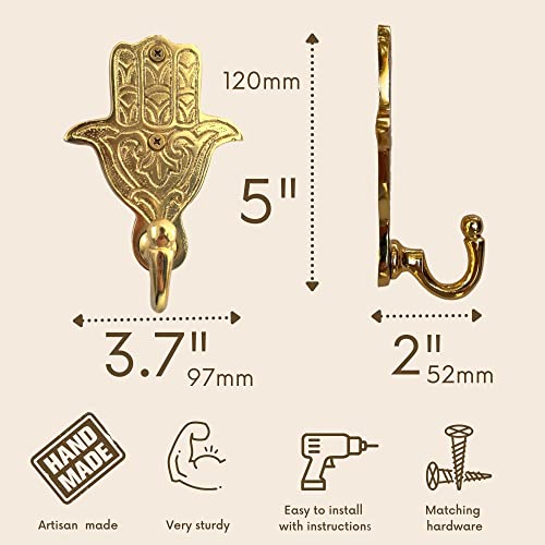 Boudikaa Decorative Hooks For Boho Or Maximalist Decor - Towel Hooks - 2 Pack Heavy Duty 5" Hamsa Hand Coat Hooks, Gold Entryway Key Hooks, Backpack Utility Hooks For Mudroom Or Hooks For Laundry #TOP2