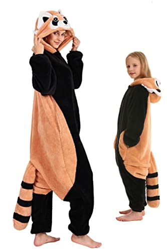 DELEY Unisex Red Pandas Onesie Pajamas, Flannel Animal One Piece Costume Sleepwear Halloween Cosplay Homewear