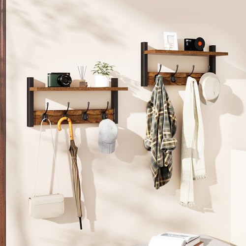 YMYNY Wandgarderoben mit Ablage, 2er Set Wandregal in einem Paket, Garderobenhaken mit 8 Doppelhaken, 80cm für Hüte, Kleidung, Dekoration im Eingang, Flur, Küche, Schlafzimmer, Braun HWS001H-2