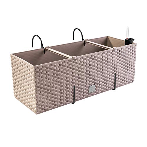 PAFEN Blumenkasten Blumentopf Rattan-Optik mit Halterungen 4 Farben Pflanztopf Wasserstandsanzeiger Balkonkasten Pflanzkästen Mocca