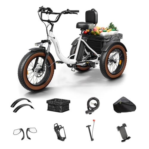 PUCKIPUPPY Electric Tricycle for Adults, 960W, 48V13.5Ah Electric Trike, 20"x4.0" 6061 Aluminum Folding Fat Tire 3 Wheel Ebike, 20MPH Max Hydraulic Brake, Rear Motor Differential for Safety, White