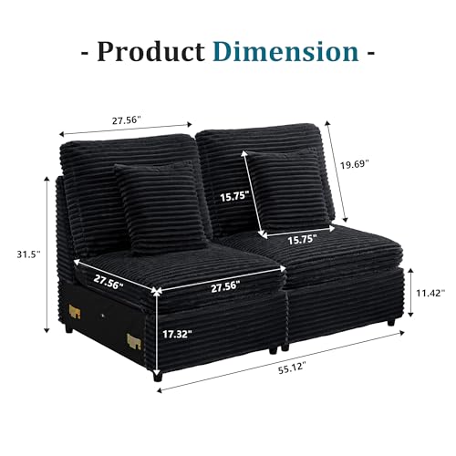 Image of RARZOE Modular Sectional Couch Armless Seats Module, Modular Sofa 2 Armless Chairs Middle Module Seats for Living Room Modular Sectional Sofa Couch, Black