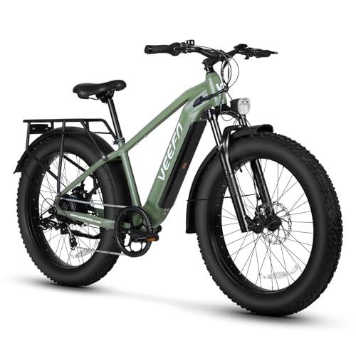 VEEFA E1 Electric Bike for Adults 750W/Peak 1000W Motor 48V 13AH Removable Battery Step-Over Electric Bicycle 26' x 4.0' Fat Tire Mountain Ebike 28MPH E Bike 7-Speed UL 2849 Certified Green