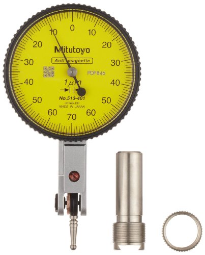 Mitutoyo 513-401E Dial Test Indicator, Basic Set, Horizontal Type, 8mm Stem Dia., Yellow Dial, 0-70-0 Reading, 40mm Dial Dia., 0-0.14mm Range, 0.001mm Graduation, +/-0.003mm Accuracy