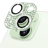 Hsefo Designed for iPhone 15 and 15 Plus Camera Lens Protector, Bling Rhinestone Sparkle Diamond 9H Tempered Glass Lens Cover Shockproof Full Protective Camera Cover, Light Green