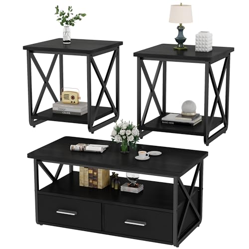 DKLGG 3 Piece Coffee Table Set for Living Room with Fabric Drawers and Storage Shelves, Rustic Wood and Metal Frame, Industrial Farmhouse Table with 2 End Tables for Small Spaces, Apartment, Black