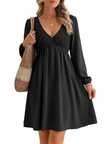 BerryGo Women's Casual Long Sleeve Babydoll Flowy Dress V Neck Swing Party Mini Dress with Pocket for Summer Beach 2025