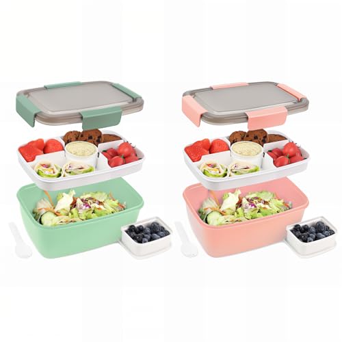 Bugucat Lunchbox Erwachsene 2000ML 2 Set,Auslaufsichere Brotdose Bento Box mit Fächern für Kinder,Salatbehälter Salatbox to Go mit Gabel,Brotdose Frühstücksbox für Schule,Dunkelgrün + Rosa