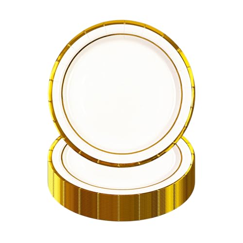 HiEnjoin Lot de 50 assiettes en carton jetables blanches, 18 cm avec feuille d'or - Assiettes en papier pour anniversaires, desserts jetables, jubilés, mariages, fêtes de mariage