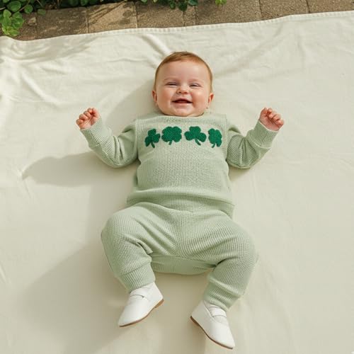 Image of Toddler Baby Boy St Patricks Day Outfit Infant Lucky Clover Sweatshirt Pants Set Little Kids Spring Warm Clothes