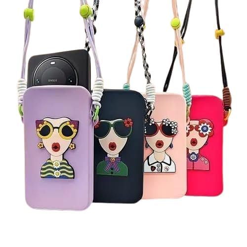 silicone crossbody phone bag with adjustable strap, cartoon girlsilicone mobile phone pouch with adjustable neck strap | waterproof mini shoulder bag for mobile,coverbag for women & girls (multicolor)