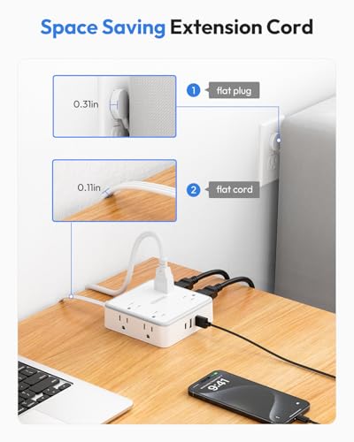 NTONPOWER 15 FT Flat Extension Cord with 8 Widely Outlets 3 USB Ports (1 USBC), 1080J Surge Protector Power Strip, White Desk Charging Station Dorm Room Essentials