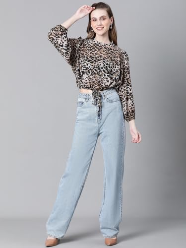 Image of oxolloxo Women Animal Print Round Neck Long Sleeve Elasticated Tie-Up Crop Top