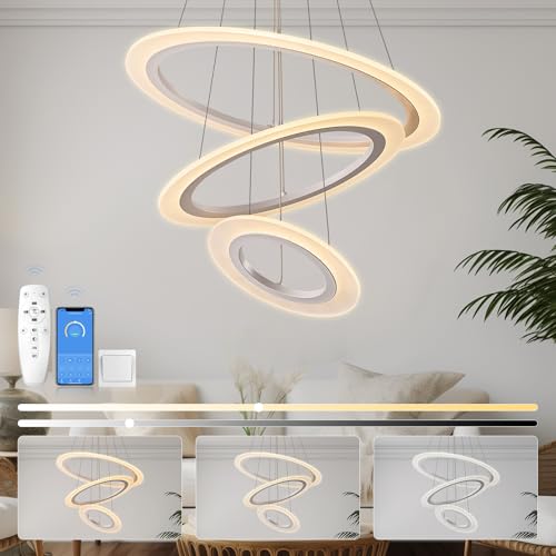 KSIBNW Lustre Salon LED 3 Anneaux Moderne Suspension Luminaire, Lustre Chambre 2700K-6500K Dimmable Acrylique Cercle Lampes Suspendues pour Salle à Manger avec Télécommande & APP Réglable, Blanc