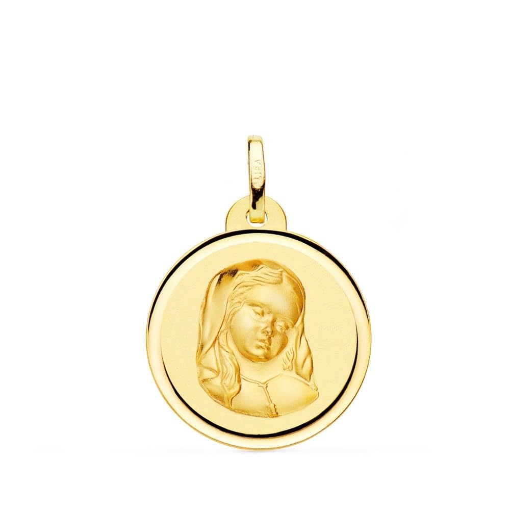 Virgen Niña Primera Comunión Medalla Oro 18k lisa 20mm. bisel. Grabación incluida en el precio - Personalizable - GRABACIÓN INCLUIDA EN EL PRECIO