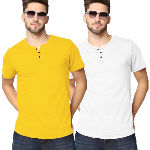 Image of LAZYCHUNKS Henley Neck Men's Cotton Half Plain Sleeves Slim Fit T-Shirt | Round Neck Men's Tshirt | Solid Colors | Summer Wear | - Multicolor