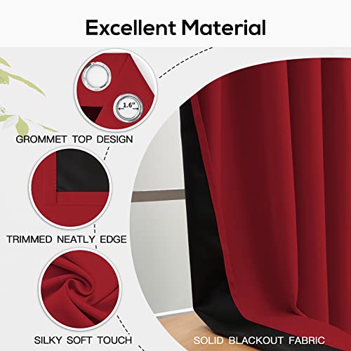 100% Blackout Curtains Panels For Bedroom - 3 Pass Microfiber Noise Reducing Thermal Insulated Solid Ring Top Blackout Window Drapes Living Room With Black Backing, 2 Panels, W52 X L84 Inch, Red #TOP3