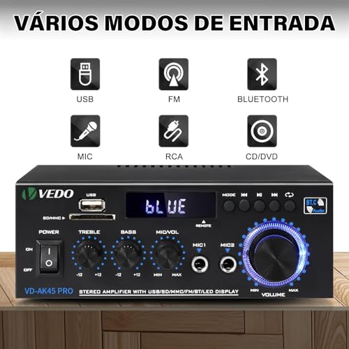 Amplificador de áudio estéreo AK45, sistema de amplificador de potência Bluetooth 5.0 sem fio de 2 c