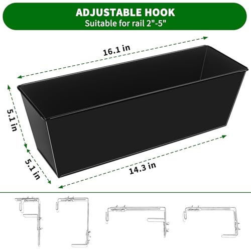 Holensun Railing Planter for Outdoor Plants 16 Inch Metal Rectangular Window Boxes with Adjustable Brackets and Drainage Hanging Flower Pots for Balcony Deck Railings Apartment Patio Decor Black(4PCS)